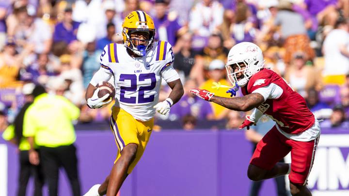 Runningback Harlem Berry 22, LSU Tigers take on the Arkansas Razorbacks. November 15, 2025; Baton Rouge, Louisiana, USA; at Tiger Stadium.