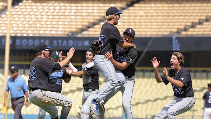 El Camino Real celebrates after the final out in a victory over Venice at Dodger Stadium, winning the City Section Open Division title on Saturday, May 24, 2025.