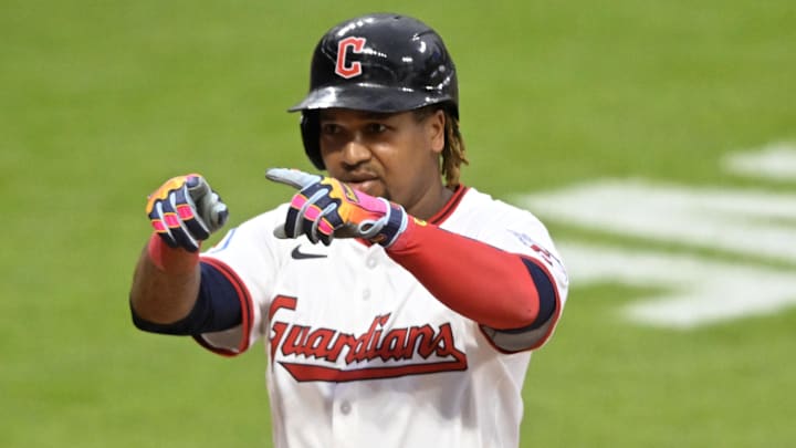 Jul 19, 2025; Cleveland, Ohio, USA; Cleveland Guardians third baseman Jose Ramirez (11) celebrates his two-run home run in the third inning against the Athletics at Progressive Field. Mandatory Credit: David Richard-Imagn Images