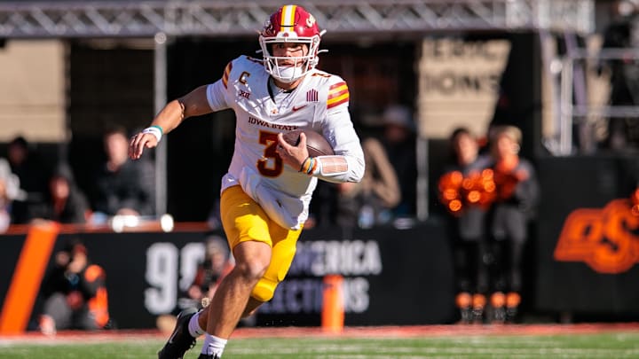 Iowa State Cyclones quarterback Rocco Becht runs during the second half against the Oklahoma State Cowboys at Boone Pickens Stadium. 