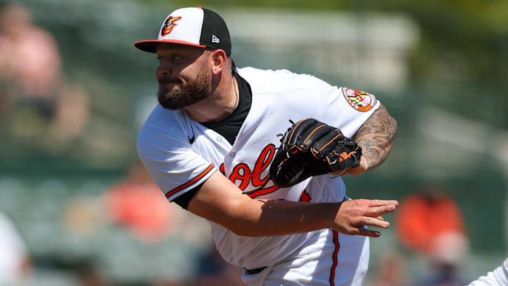 Baltimore Orioles reliever throws throws during a Spring Training game against the Boston Red Sox on March 21, 2023, at Ed Smith Stadium. Baltimore Orioles reliever throws throws during a Spring Training game against the Boston Red Sox on March 21, 2023, at Ed Smith Stadium.
