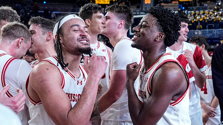 Wisconsin guard John Blackwell (25), right, and guard Braeden Carrington (0) celebrate 91-88 win over Michigan at Crisler Center in Ann Arbor on Saturday, Jan. 10, 2026. Wisconsin guard John Blackwell (25), right, and guard Braeden Carrington (0) celebrate 91-88 win over Michigan at Crisler Center in Ann Arbor on Saturday, Jan. 10, 2026.