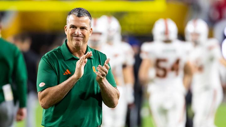 Jan 19, 2026; Miami Gardens, FL, USA; Miami Hurricanes head coach Mario Cristobal against the Indiana Hoosiers during the College Football Playoff National Championship game at Hard Rock Stadium. Mandatory Credit: Mark J. Rebilas-Imagn Images
