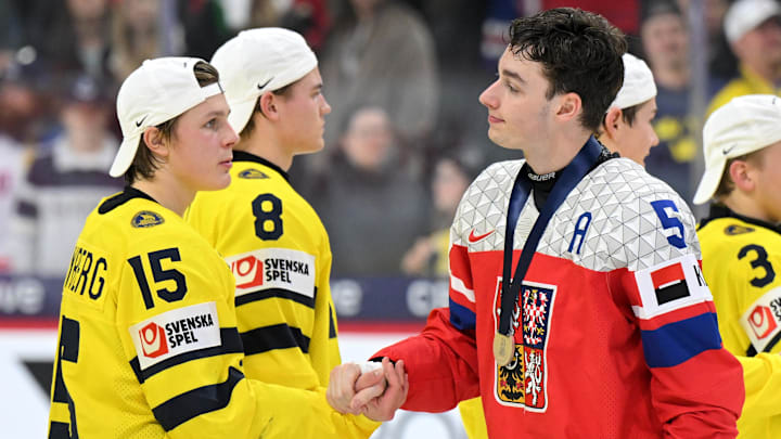 Jan 5, 2026; St. Paul, Minnesota, USA; Sweden forward Ivar Stenberg (15) and Czechia defensemen Adam Jiricek (5) shake hands after the final of the 2026 IIHF World Junior Championship ice hockey tournament at Grand Casino Arena. Mandatory Credit: Nick Wosika-Imagn Images