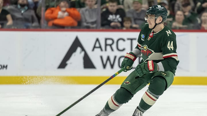 Dec 15, 2024; Saint Paul, Minnesota, USA; Minnesota Wild defenseman Travis Dermott (44) follows the play against The Vegas Golden Knights during the second period at Xcel Energy Center. Mandatory Credit: Nick Wosika-Imagn Images Dec 15, 2024; Saint Paul, Minnesota, USA; Minnesota Wild defenseman Travis Dermott (44) follows the play against The Vegas Golden Knights during the second period at Xcel Energy Center. Mandatory Credit: Nick Wosika-Imagn Images