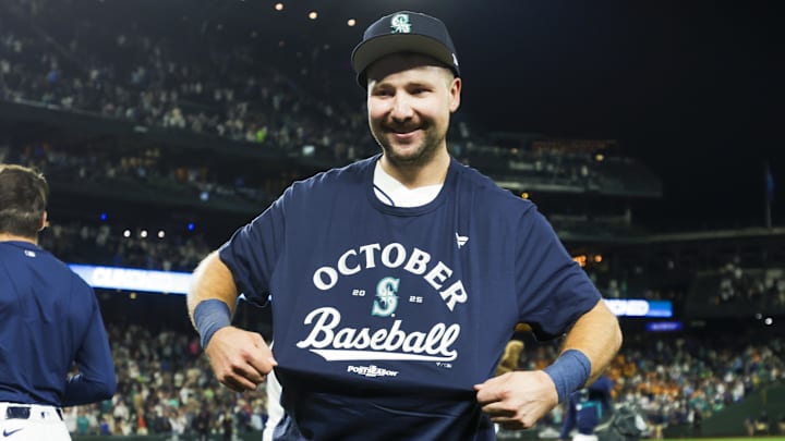 Sep 23, 2025; Seattle, Washington, USA; Seattle Mariners catcher Cal Raleigh (29) celebrates following a playoff-clinching victory against the Colorado Rockies at T-Mobile Park. Mandatory Credit: Joe Nicholson-Imagn Images