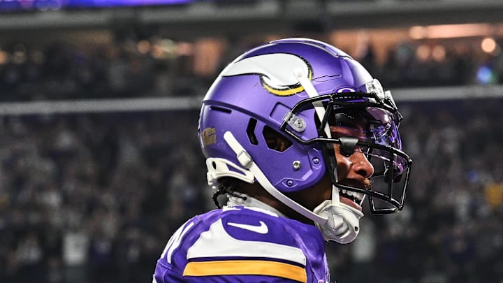 Nov 3, 2024; Minneapolis, Minnesota, USA; Minnesota Vikings wide receiver Justin Jefferson (18) reacts after catching a pass against the Indianapolis Colts during the third quarter at U.S. Bank Stadium. Mandatory Credit: Jeffrey Becker-Imagn Images
