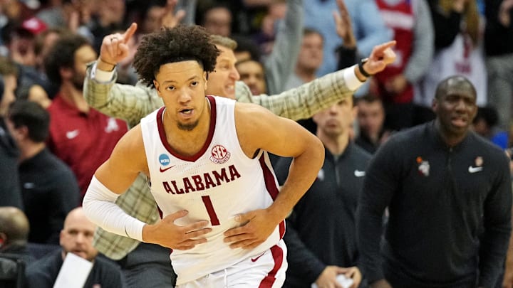 Mar 27, 2025; Newark, NJ, USA; Alabama Crimson Tide guard Mark Sears (1) celebrates after making a three pointer during the second half against the Brigham Young Cougars during an East Regional semifinal of the 2025 NCAA tournament at Prudential Center. Mar 27, 2025; Newark, NJ, USA; Alabama Crimson Tide guard Mark Sears (1) celebrates after making a three pointer during the second half against the Brigham Young Cougars during an East Regional semifinal of the 2025 NCAA tournament at Prudential Center.