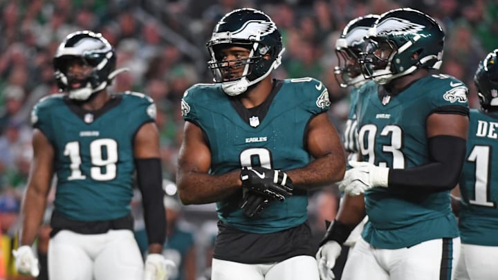 Sep 16, 2024; Philadelphia, Pennsylvania, USA; Philadelphia Eagles defensive end Bryce Huff (0) against the Atlanta Falcons at Lincoln Financial Field. 