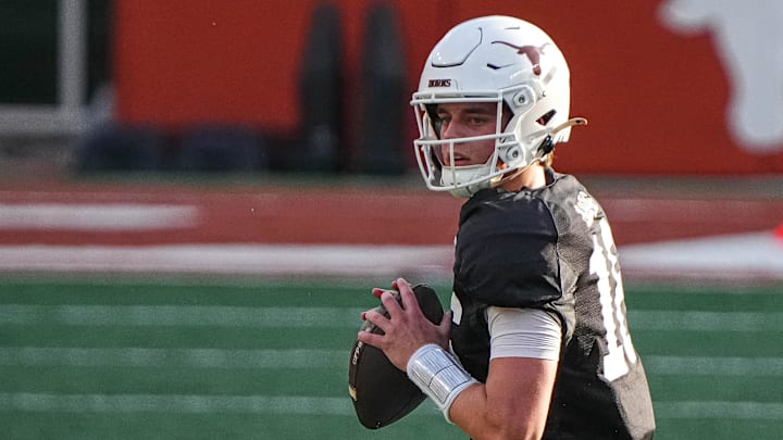 Texas Longhorns quarterback Arch Manning (16) throws a pass during practice at Darrell K Royal-Texas Memorial Stadium in Austin Monday, Dec. 16, 2024.