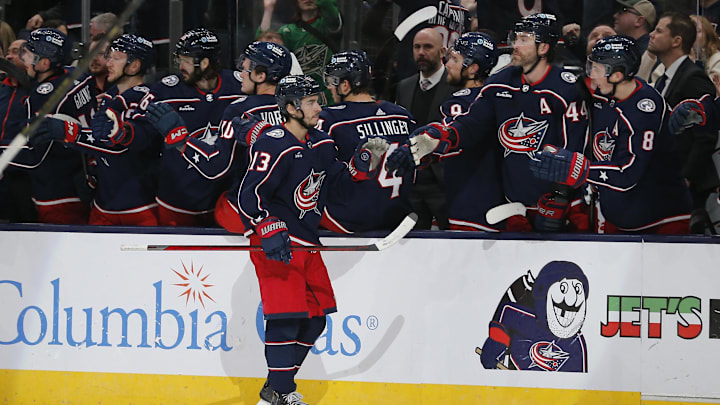 Mar 16, 2024; Columbus, Ohio, USA; Columbus Blue Jackets left wing Johnny Gaudreau (13) celebrates his goal against the San Jose Sharks during the second period at Nationwide Arena. Mandatory Credit: Russell LaBounty-Imagn Images