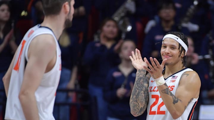 Mar 7, 2025; Champaign, Illinois, USA;  Illinois Fighting Illini guard Tre White (22) reacts in the closing seconds of a 88-80 win over the Purdue Boilermakers  at State Farm Center. Mandatory Credit: Ron Johnson-Imagn Images