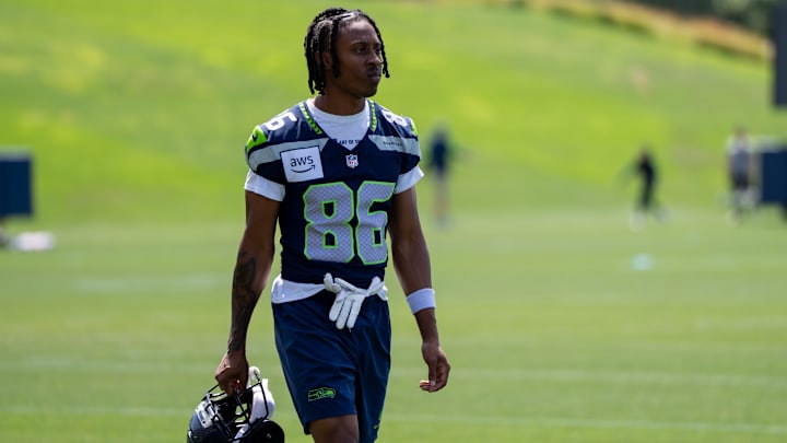 Jun 11, 2025; Renton, WA, USA; Seattle Seahawks wide receiver Ricky White III (86) walks across the field during mini-camp at Virginia Mason Athletic Center. 