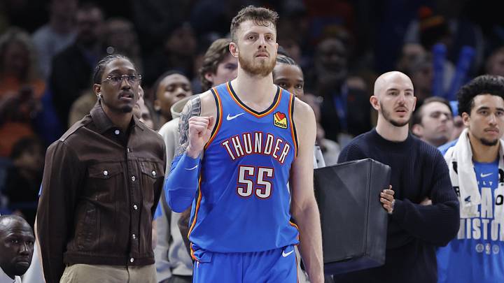 Feb 22, 2026; Oklahoma City, Oklahoma, USA; Oklahoma City Thunder center/forward Isaiah Hartenstein (55) reacts after watching his team in a defensive play against the Cleveland Cavaliers during the second half at Paycom Center. Mandatory Credit: Alonzo Adams-Imagn Images Feb 22, 2026; Oklahoma City, Oklahoma, USA; Oklahoma City Thunder center/forward Isaiah Hartenstein (55) reacts after watching his team in a defensive play against the Cleveland Cavaliers during the second half at Paycom Center. Mandatory Credit: Alonzo Adams-Imagn Images