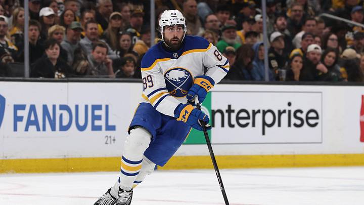 May 1, 2026; Boston, Massachusetts, USA; Buffalo Sabres right wing Alex Tuch (89) skates with the puck against the Boston Bruins during the second period of game six of the first round of the 2026 Stanley Cup Playoffs at TD Garden. Mandatory Credit: Winslow Townson-Imagn Images
