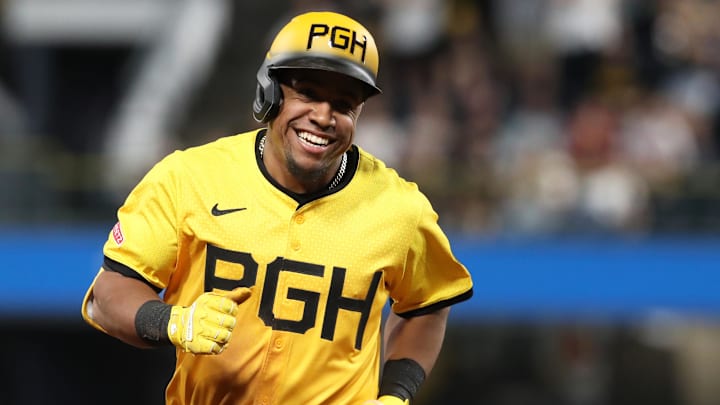 Apr 18, 2025; Pittsburgh, Pennsylvania, USA;  Pittsburgh Pirates first baseman Enmanuel Valdez (48) circles the bases after a two-run home run against the Cleveland Guardians during the seventh inning at PNC Park. Mandatory Credit: Charles LeClaire-Imagn Images