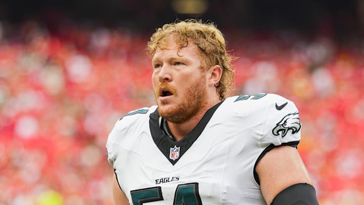 Sep 14, 2025; Kansas City, Missouri, USA; Philadelphia Eagles center Cam Jurgens (51) prior to a game against the Kansas City Chiefs at GEHA Field at Arrowhead Stadium. Mandatory Credit: Jay Biggerstaff-Imagn Images