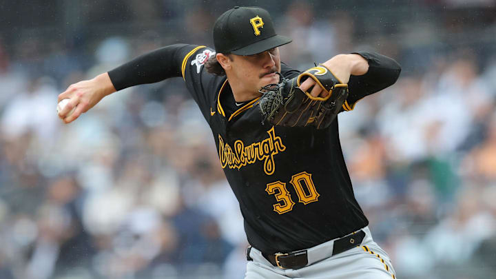Pittsburgh Pirates starting pitcher Paul Skenes pitches against the New York Yankees during the first inning at Yankee Stadium on Saturday, September 28. 