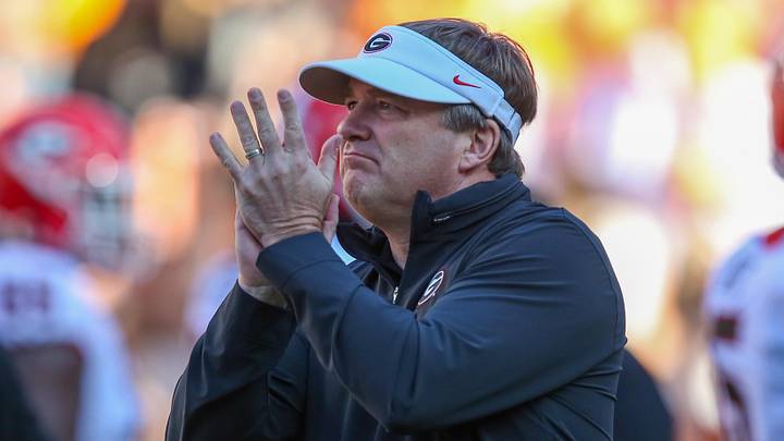 Nov 18, 2023; Knoxville, Tennessee, USA; Georgia Bulldogs head coach Kirby Smart reacts before a game against the Tennessee Volunteers at Neyland Stadium. Mandatory Credit: Randy Sartin-Imagn Images