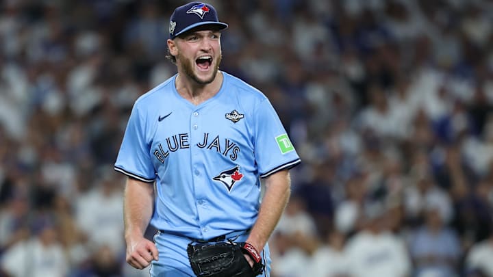 Toronto Blue Jays pitcher Trey Yesavage (39) celebrates after a double play during the seventh inning against the Los Angeles Dodgers during game five of the 2025 MLB World Series at Dodger Stadium. Toronto Blue Jays pitcher Trey Yesavage (39) celebrates after a double play during the seventh inning against the Los Angeles Dodgers during game five of the 2025 MLB World Series at Dodger Stadium.
