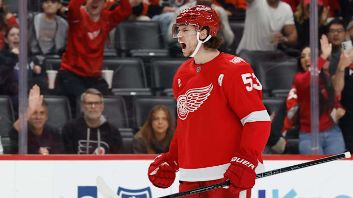 Mar 28, 2026; Detroit, Michigan, USA;  Detroit Red Wings defenseman Moritz Seider (53) celebrates after scoring in the second period against the Philadelphia Flyers at Little Caesars Arena. Mandatory Credit: Rick Osentoski-Imagn Images
