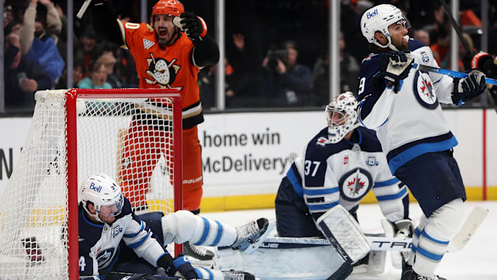 Connor Hellebuyck reacts to a goal by the Anaheim Ducks during the third period at Honda Center. Connor Hellebuyck reacts to a goal by the Anaheim Ducks during the third period at Honda Center.