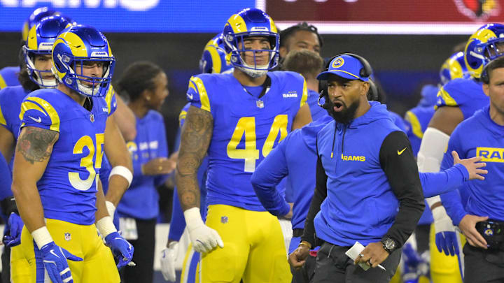 Dec 28, 2024; Inglewood, California, USA; Los Angeles Rams assistant head coach Aubrey Pleasant reacts after a play in the first half against the Arizona Cardinals at SoFi Stadium. Mandatory Credit: Jayne Kamin-Oncea-Imagn Images Dec 28, 2024; Inglewood, California, USA; Los Angeles Rams assistant head coach Aubrey Pleasant reacts after a play in the first half against the Arizona Cardinals at SoFi Stadium. Mandatory Credit: Jayne Kamin-Oncea-Imagn Images