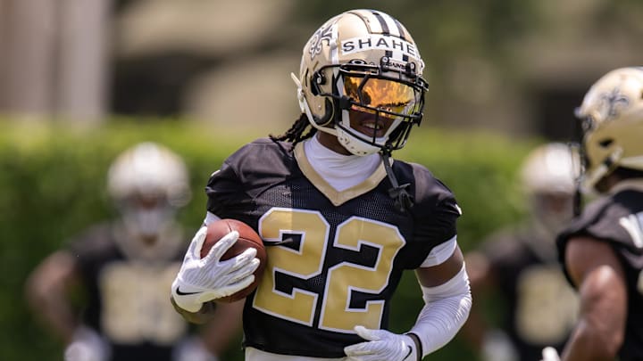 Jun 10, 2025; New Orleans, LA, USA; New Orleans Saints wide receiver Rashid Shaheed (22) during receiver drills during minicamp at Ochsner Sports Performance Center. Mandatory Credit: Stephen Lew-Imagn Images Jun 10, 2025; New Orleans, LA, USA; New Orleans Saints wide receiver Rashid Shaheed (22) during receiver drills during minicamp at Ochsner Sports Performance Center. Mandatory Credit: Stephen Lew-Imagn Images