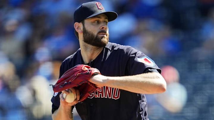 Sep 20, 2023; Kansas City, Missouri, USA; Cleveland Guardians starting pitcher Lucas Giolito (27)