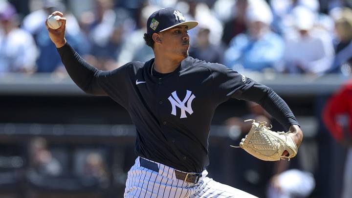 Mar 18, 2026; Tampa, Florida, USA; New York Yankees pitcher Carlos Lagrange (84) throws a pitch against the Boston Red Sox in the fifth inning during spring training at George M. Steinbrenner Field. Mandatory Credit: Nathan Ray Seebeck-Imagn Images Mar 18, 2026; Tampa, Florida, USA; New York Yankees pitcher Carlos Lagrange (84) throws a pitch against the Boston Red Sox in the fifth inning during spring training at George M. Steinbrenner Field. Mandatory Credit: Nathan Ray Seebeck-Imagn Images