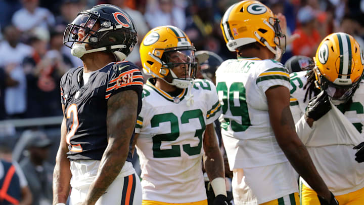 DJ Moore celebrates a first down against the Packers in last season's opener, a game Green Bay won 38-20 at Soldier Field. DJ Moore celebrates a first down against the Packers in last season's opener, a game Green Bay won 38-20 at Soldier Field.