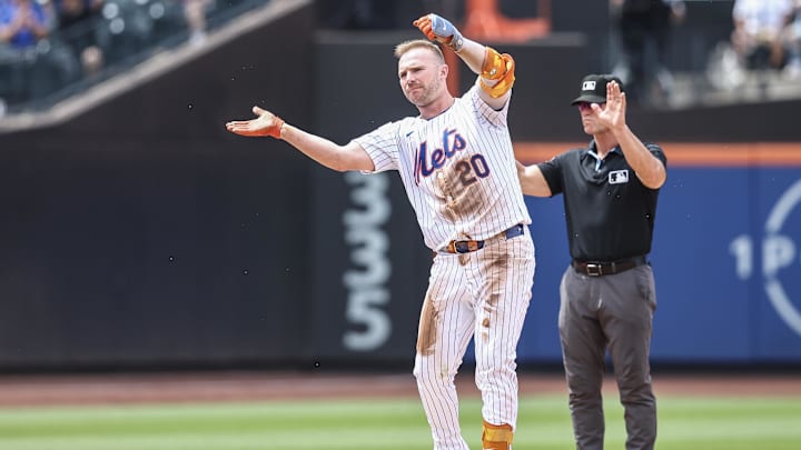 Jun 30, 2024; New York City, New York, USA;  New York Mets first baseman Pete Alonso (20) celebrates after hitting a double in the sixth inning against the Houston Astros at Citi Field. Mandatory Credit: Wendell Cruz-Imagn Images