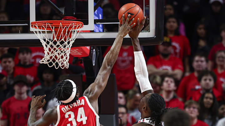 Mar 10, 2024; Piscataway, New Jersey, USA;  Ohio State Buckeyes center Felix Okpara (34) blocks a