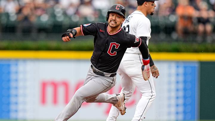 Cleveland Guardians center fielder Steven Kwan (38) runs past second base against Detroit Tigers during the first inning at Comerica Park in Detroit on Wednesday, August 12, 2026.