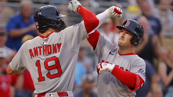 Jul 28, 2025; Minneapolis, Minnesota, USA; Boston Red Sox third baseman Alex Bregman (2) celebrates his three run home run against the Minnesota Twins with left fielder Roman Anthony (19) in the fifth inning at Target Field. 
