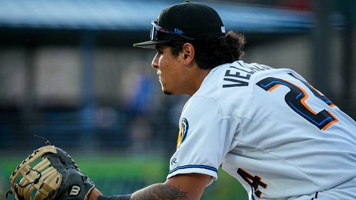Akron infielder Ralphy Velazquez (24) during the home opening day game against Reading, April 2, 2026, in Akron, Ohio. Akron infielder Ralphy Velazquez (24) during the home opening day game against Reading, April 2, 2026, in Akron, Ohio.