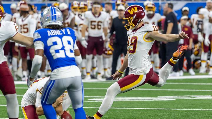 Aug 22, 2026; Detroit, Michigan, USA; Washington Commanders placekicker Drew Stevens (19) kicks a field goal against the Detroit Lions in the second half at Ford Field. Mandatory Credit: David Reginek-Imagn Images Aug 22, 2026; Detroit, Michigan, USA; Washington Commanders placekicker Drew Stevens (19) kicks a field goal against the Detroit Lions in the second half at Ford Field. Mandatory Credit: David Reginek-Imagn Images