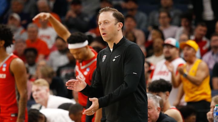 Mar 22, 2024; Memphis, TN, USA; New Mexico Lobos head coach Richard Pitino reacts against the Clemson Tigers during the first half of the NCAA Tournament First Round at FedExForum. Mandatory Credit: Petre Thomas-Imagn Images