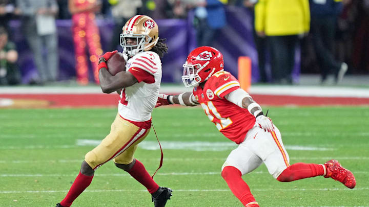 Feb 11, 2024; Paradise, Nevada, USA; San Francisco 49ers wide receiver Brandon Aiyuk (11) makes a
