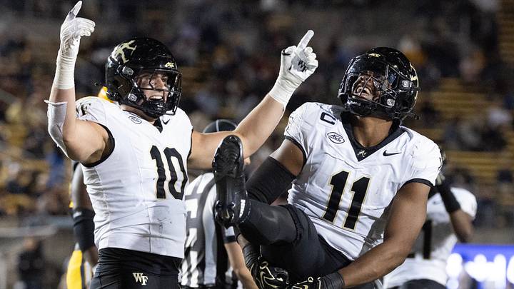 Oct 17, 2026; Berkeley, California, USA; Wake Forest Demon Deacons defensive lineman Langston Hardy (11) celebrates his sack of California Golden Bears quarterback Jackson Brousseau with teammate Gabe Kirschke (10) during the third quarter at California Memorial Stadium. Mandatory Credit: D. Ross Cameron-Imagn Images Oct 17, 2026; Berkeley, California, USA; Wake Forest Demon Deacons defensive lineman Langston Hardy (11) celebrates his sack of California Golden Bears quarterback Jackson Brousseau with teammate Gabe Kirschke (10) during the third quarter at California Memorial Stadium. Mandatory Credit: D. Ross Cameron-Imagn Images