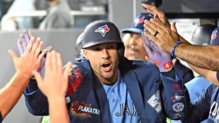 May 23, 2026; Toronto, Ontario, CAN; Toronto Blue Jays designated hitter George Springer (4) celebrates with team mates in the dugout after hitting a solo home run against the Pittsburgh Pirates in the first inning at Rogers Centre. Mandatory Credit: Dan Hamilton-Imagn Images May 23, 2026; Toronto, Ontario, CAN; Toronto Blue Jays designated hitter George Springer (4) celebrates with team mates in the dugout after hitting a solo home run against the Pittsburgh Pirates in the first inning at Rogers Centre. Mandatory Credit: Dan Hamilton-Imagn Images