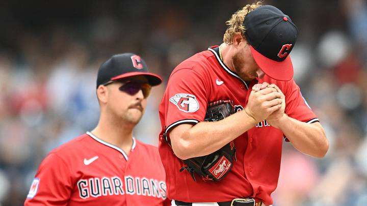 Sep 3, 2026: Cleveland Guardians pitcher Tanner Bibee (28) reacts as he is about to be relieved during the fifth inning against the Toronto Blue Jays at Progressive Field. Credit: Ken Blaze-Imagn Images