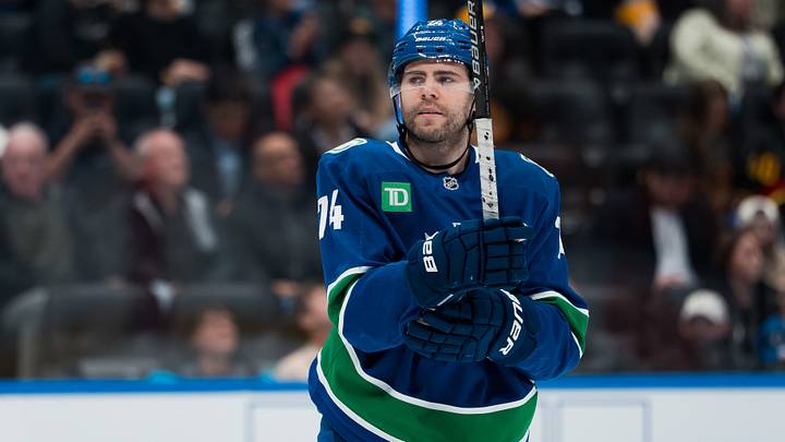 Mar 24, 2026; Vancouver, British Columbia, CAN; Vancouver Canucks forward Jake DeBrusk (74) during a stop in play against the Anaheim Ducks in the second period at Rogers Arena. Mandatory Credit: Bob Frid-Imagn Images