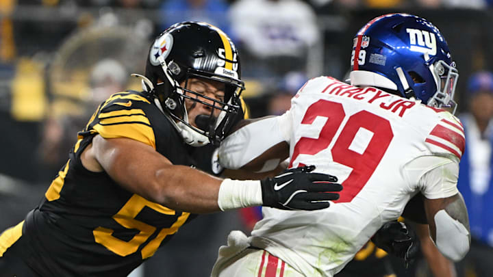 Pittsburgh Steelers linebacker Alex Highsmith (56) tackles New York Giants running back Tyrone Tracy Jr. (29) Pittsburgh Steelers linebacker Alex Highsmith (56) tackles New York Giants running back Tyrone Tracy Jr. (29)