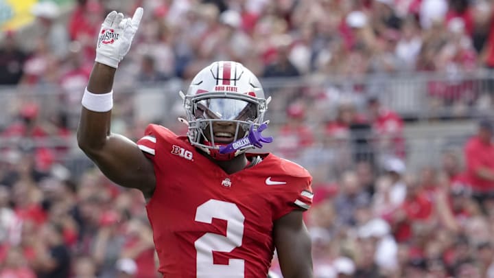 August 31, 2024; Columbus, Ohio, USA;
Ohio State Buckeyes safety Caleb Downs (2) celebrates after sacking Akron Zips quarterback Ben Finley (10) during the first half of Saturday’s NCAA Division I football game at Ohio Stadium.