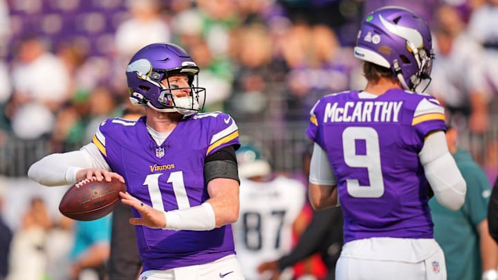 Oct 19, 2025; Minneapolis, Minnesota, USA; Minnesota Vikings quarterback Carson Wentz (11) warms up before the game against the Philadelphia Eagles at U.S. Bank Stadium. Mandatory Credit: Brad Rempel-Imagn Images