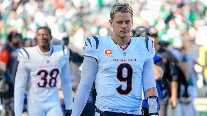 Cincinnati Bengals quarterback Joe Burrow (9) walks off the field at Paycor Stadium on Sunday October 27, 2024. The Bengals lost to the Philadelphia Eagles 37-17 and remain winless at home.