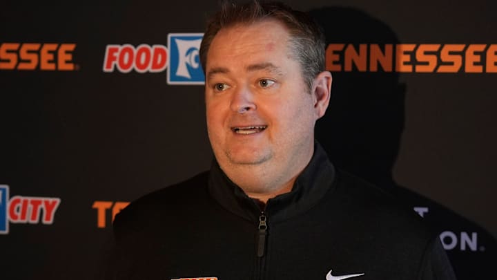 Tennessee football coach Josh Heupel speaks with media during the Big Orange Caravan held at the Riverdance Restaurant in Guild, Tenn., on April 28, 2026.