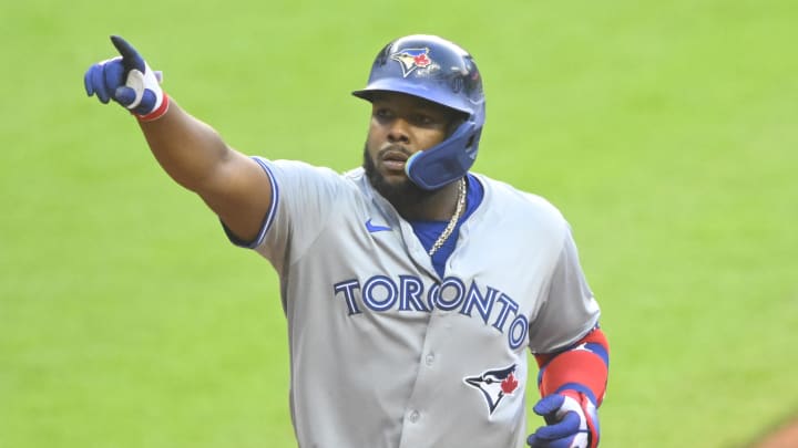 Jun 21, 2024; Cleveland, Ohio, USA; Toronto Blue Jays first baseman Vladimir Guerrero Jr. (27) celebrates his solo home run in the fourth inning against the Cleveland Guardians at Progressive Field. Mandatory Credit: David Richard-USA TODAY Sports