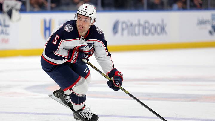 Mar 22, 2026; Elmont, New York, USA; Columbus Blue Jackets defenseman Denton Mateychuk (5) skates with the puck against the New York Islanders during the third period at UBS Arena. Mandatory Credit: Brad Penner-Imagn Images Mar 22, 2026; Elmont, New York, USA; Columbus Blue Jackets defenseman Denton Mateychuk (5) skates with the puck against the New York Islanders during the third period at UBS Arena. Mandatory Credit: Brad Penner-Imagn Images